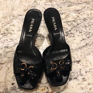 PRADA Leather Tassel Heels Slide Sandals 37.5
